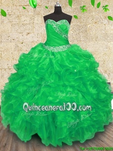 Excellent Floor Length Green Ball Gown Prom Dress Organza Sleeveless Spring and Summer and Fall and Winter Beading and Appliques and Ruffles and Ruching