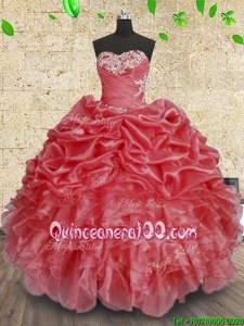 Popular Organza Sweetheart Sleeveless Lace Up Beading and Appliques and Ruffles and Ruching 15 Quinceanera Dress inCoral Red