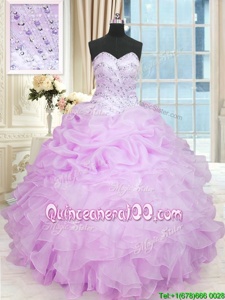 Colorful Sleeveless Organza Floor Length Lace Up Ball Gown Prom Dress inLilac forSpring and Summer and Fall and Winter withBeading and Ruffles