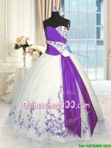 Fancy Embroidery and Sashes|ribbons Quinceanera Dresses White And Purple Lace Up Sleeveless Floor Length