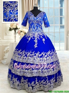 Chic Ruffled Floor Length Ball Gowns Half Sleeves Royal Blue Quinceanera Gowns Zipper