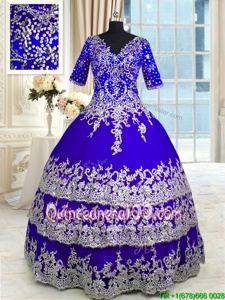 Dynamic Ruffled V-neck Half Sleeves Zipper 15 Quinceanera Dress Blue Satin and Tulle