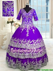 Hot Sale Purple Half Sleeves Floor Length Beading and Appliques and Ruffled Layers Zipper Sweet 16 Dress