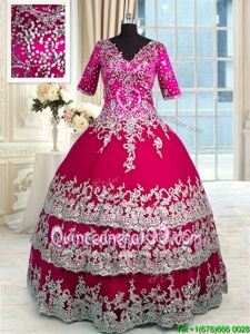 Wonderful Red and Hot Pink Ball Gowns Beading and Appliques and Ruffled Layers Quince Ball Gowns Zipper Satin and Tulle Half Sleeves Floor Length