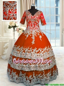 Sumptuous Orange Red Tulle Zipper V-neck Half Sleeves Floor Length Quinceanera Dresses Beading and Appliques and Ruffles
