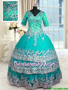 Elegant Turquoise Satin Zipper Quinceanera Gowns Half Sleeves Floor Length Beading and Lace and Appliques and Ruffled Layers