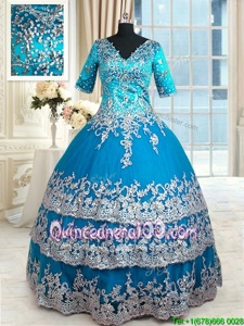 Designer Teal Ball Gowns Tulle V-neck Half Sleeves Beading and Lace and Appliques and Ruffled Layers Floor Length Zipper Sweet 16 Quinceanera Dress