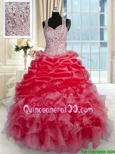 Straps Sleeveless 15 Quinceanera Dress Floor Length Beading and Ruffles Red Organza