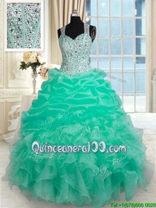Hot Selling Turquoise Sleeveless Beading and Ruffles Floor Length 15th Birthday Dress