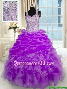 Inexpensive Sleeveless Floor Length Beading and Ruffles Zipper Quinceanera Gown with Lilac