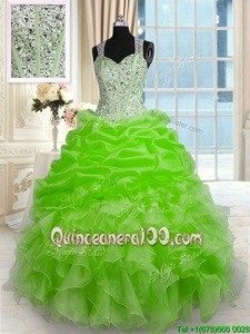 Exceptional Spring Green Ball Gowns Straps Sleeveless Organza Floor Length Zipper Beading Sweet 16 Quinceanera Dress
