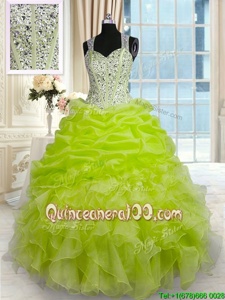 Floor Length Zipper Sweet 16 Dresses Yellow Green and In forMilitary Ball and Sweet 16 and Quinceanera withBeading and Ruffles and Pick Ups