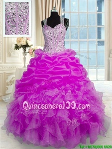 Artistic Floor Length Zipper Quinceanera Gowns Fuchsia and In forMilitary Ball and Sweet 16 and Quinceanera withBeading and Ruffles and Pick Ups