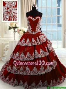 Beading and Appliques and Ruffled Layers 15 Quinceanera Dress Wine Red Lace Up Sleeveless With Train Court Train