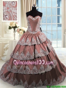 Glamorous Ruffled With Train Ball Gowns Sleeveless Brown Quince Ball Gowns Court Train Lace Up