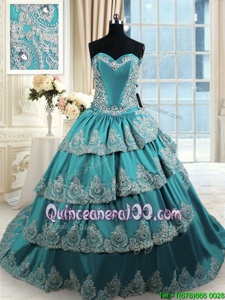 Ruffled With Train Ball Gowns Sleeveless Teal Quince Ball Gowns Lace Up