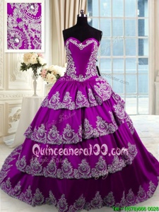 Eye-catching Eggplant Purple Ball Gowns Sweetheart Sleeveless Taffeta With Train Lace Up Beading and Appliques and Ruffled Layers Quinceanera Dress