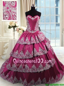 Glittering Fuchsia Ball Gowns Taffeta Sweetheart Sleeveless Beading and Appliques and Ruffled Layers With Train Lace Up Quinceanera Gowns Court Train