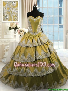 New Style Satin Sweetheart Sleeveless Lace Up Beading and Appliques and Ruffled Layers 15th Birthday Dress inOlive Green