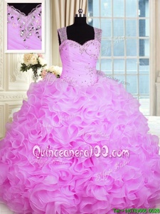 Beading and Ruffles Quinceanera Gown Rose Pink Zipper Sleeveless Floor Length