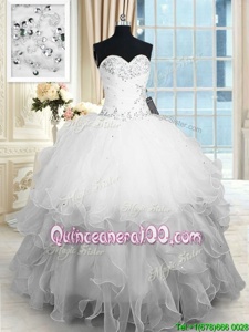 Trendy Sweetheart Sleeveless Quince Ball Gowns Floor Length Beading and Ruffles White Organza