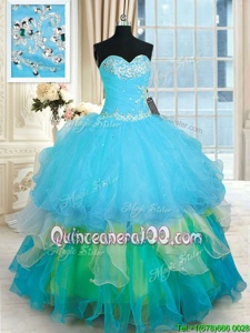 Perfect Multi-color Lace Up Sweetheart Beading and Ruffled Layers Quinceanera Dress Organza Sleeveless