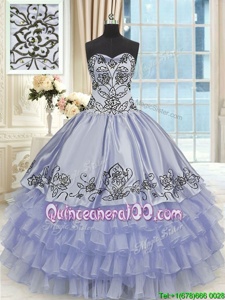 Affordable Lavender Sweetheart Lace Up Beading and Embroidery and Ruffled Layers Quince Ball Gowns Sleeveless