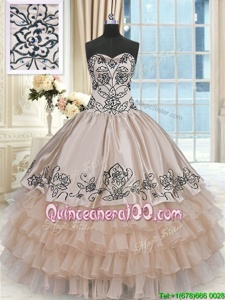New Arrival Sleeveless Floor Length Beading and Embroidery and Ruffled Layers Lace Up Sweet 16 Dresses with Peach