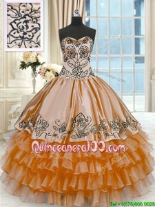 Decent Sleeveless Floor Length Beading and Embroidery and Ruffled Layers Lace Up Sweet 16 Dresses with Gold