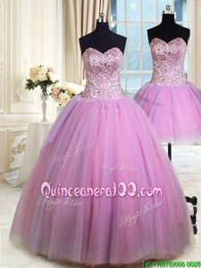 Artistic Three Piece Lilac Lace Up Quinceanera Gown Beading Sleeveless Floor Length