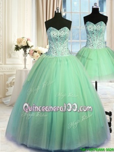 Fantastic Three Piece Sweetheart Sleeveless Lace Up Quinceanera Gowns Spring Green Tulle