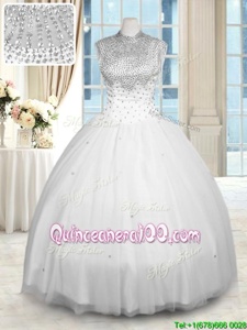 Custom Designed White Ball Gowns Beading Vestidos de Quinceanera Zipper Tulle Sleeveless Floor Length