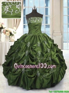 Custom Designed Green Lace Up Strapless Beading and Pick Ups Quince Ball Gowns Taffeta Sleeveless