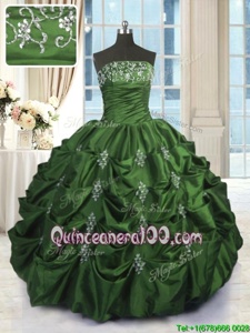 Pick Ups Strapless Sleeveless Lace Up Ball Gown Prom Dress Green Taffeta