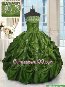 Unique Green Ball Gowns Strapless Sleeveless Taffeta Floor Length Lace Up Beading and Appliques and Embroidery and Pick Ups Quinceanera Gowns