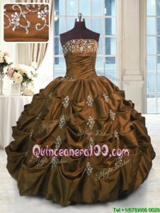 Exceptional Floor Length Brown Sweet 16 Dresses Taffeta Sleeveless Spring and Summer and Fall and Winter Beading and Pick Ups
