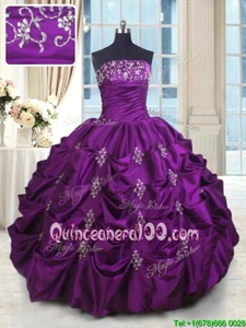 Affordable Eggplant Purple Ball Gowns Beading and Appliques and Embroidery and Pick Ups Quinceanera Gown Lace Up Taffeta Sleeveless Floor Length