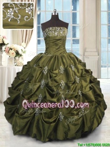 Delicate Olive Green Sweet 16 Dresses Military Ball and Sweet 16 and Quinceanera and For withBeading and Appliques and Embroidery and Pick Ups Strapless Sleeveless Lace Up