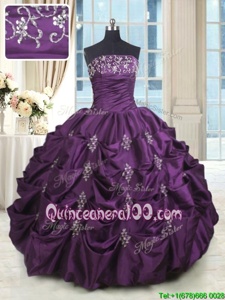 Shining Eggplant Purple Sleeveless Floor Length Beading and Appliques and Embroidery and Pick Ups Lace Up Quinceanera Gown
