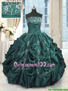 Great Peacock Green Taffeta Lace Up Ball Gown Prom Dress Sleeveless Floor Length Beading and Appliques and Embroidery and Pick Ups