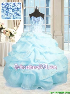 New Arrival Baby Blue Organza Lace Up Ball Gown Prom Dress Sleeveless Floor Length Beading and Ruffles