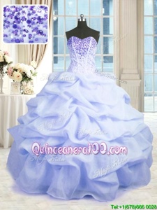 Affordable Sweetheart Sleeveless Quinceanera Dresses Floor Length Beading and Ruffles Lavender Organza