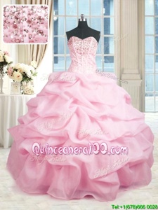 Custom Design Pink Sleeveless Organza Lace Up 15 Quinceanera Dress forMilitary Ball and Sweet 16 and Quinceanera