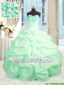 Perfect Apple Green Ball Gowns Beading and Ruffles Sweet 16 Dresses Lace Up Organza Sleeveless Floor Length