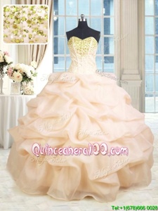 Admirable Sleeveless Organza Floor Length Lace Up Quince Ball Gowns inChampagne forSpring and Summer and Fall and Winter withBeading and Ruffles