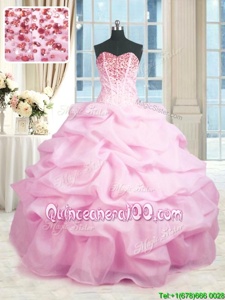 Luxury Sweetheart Sleeveless Quinceanera Gown Floor Length Beading and Ruffles Pink Organza