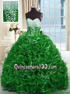 Colorful Sleeveless Brush Train Beading and Ruffles Lace Up Quinceanera Dress