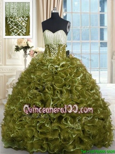 Shining Olive Green Sleeveless Organza Brush Train Lace Up Sweet 16 Quinceanera Dress forMilitary Ball and Sweet 16 and Quinceanera