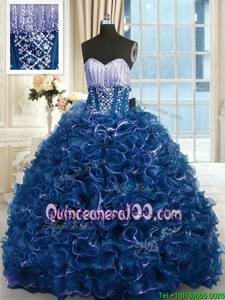 Navy Blue Sleeveless With Train Beading and Ruffles Lace Up Sweet 16 Quinceanera Dress