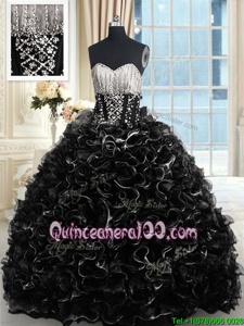 Traditional Black Lace Up Sweet 16 Dresses Beading and Ruffles Sleeveless With Brush Train